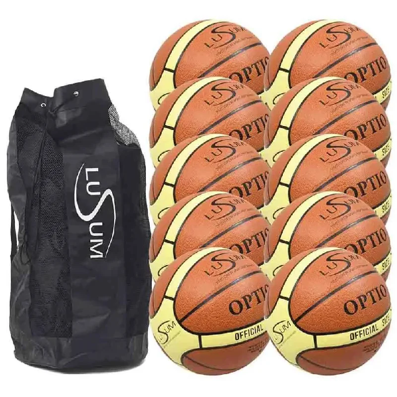 10 x Lusum Optio Leather Basketballs and Bag