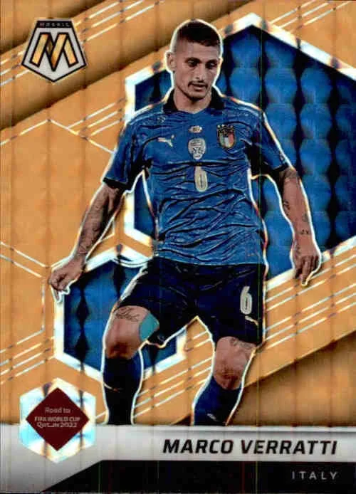 Marco Verratti, Orange Fluorescent Mosaic Prizm, 2021-22 Panini Mosaic FIFA Road to World Cup Soccer