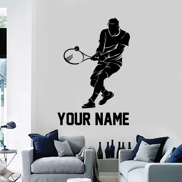 Tennis player with name hitting ball