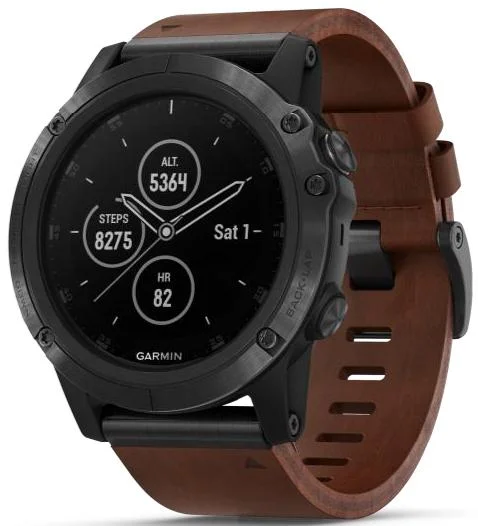 Garmin Watch Fenix 5X Plus Sapphire Slate Grey Brown Leather Band D